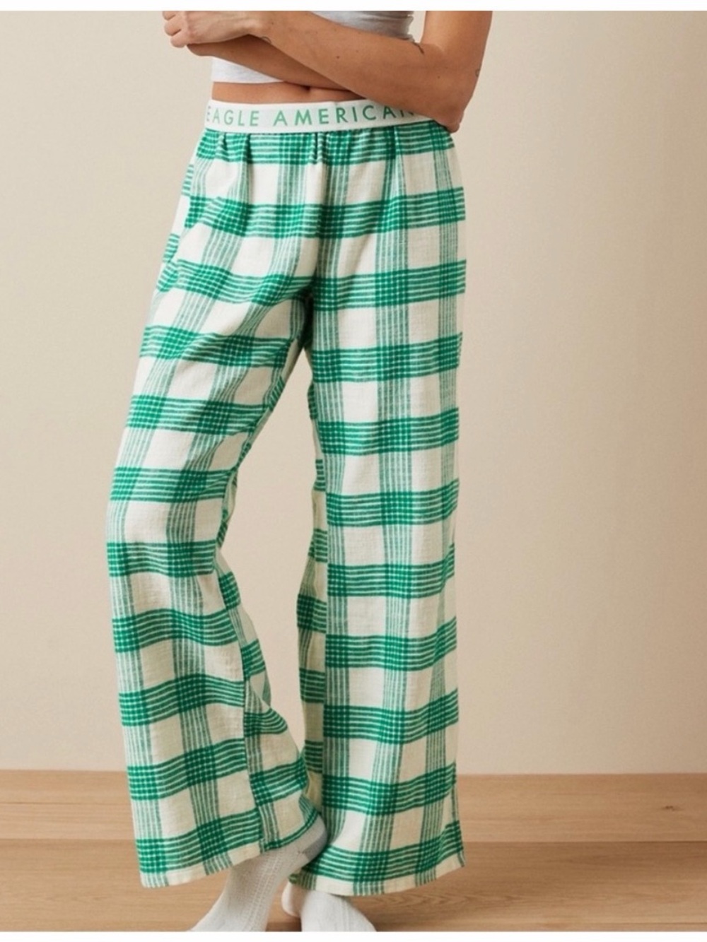 American Eagle Outfitters Green and White Plaid Wide-Leg Pants